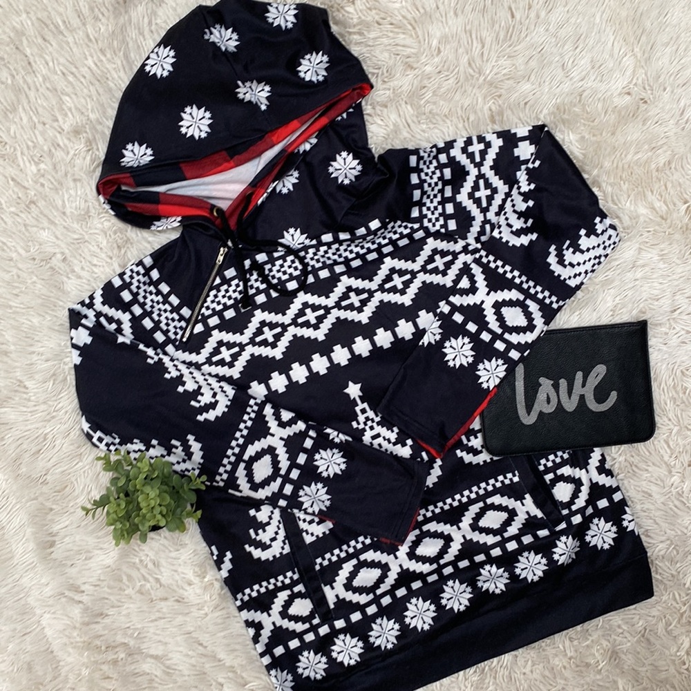Boutique Double Hood Buffalo Plaid Holiday Top 💗 Black Red & White